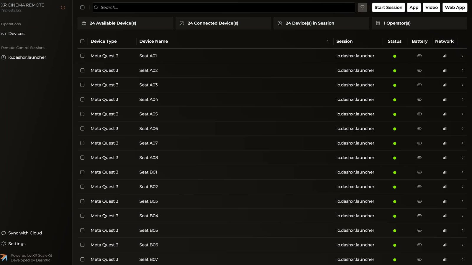 The Cinema Remote device overview listing 24 Meta Quest 3 headsets by seat, each with live status, battery, and network indicators