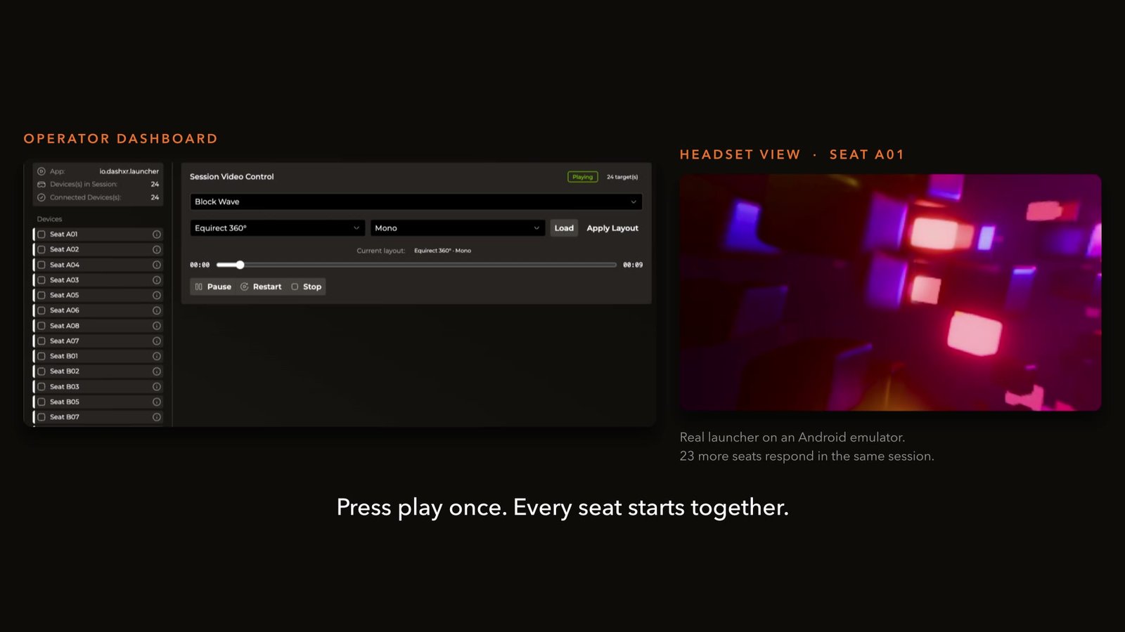 The Cinema Remote session controls next to the view inside a headset, both playing the same 360° film